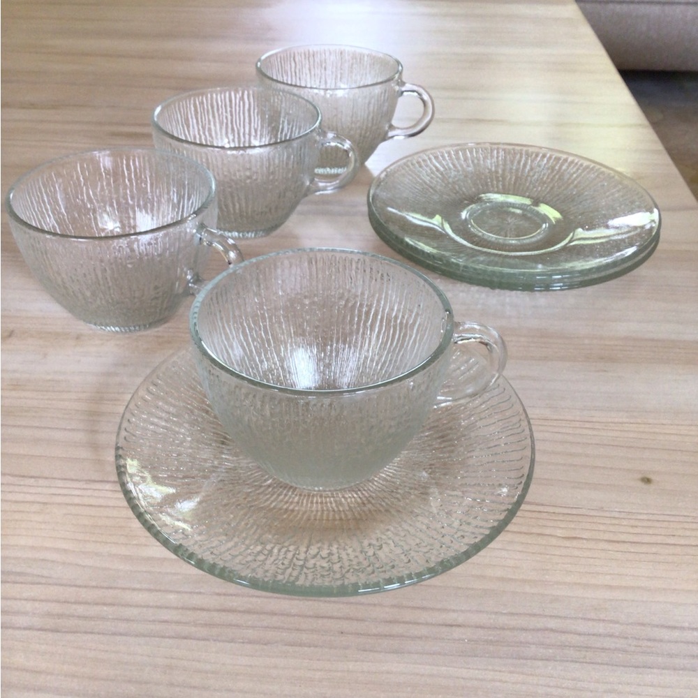 Vintage Jeannette Cups Saucers Set Finlandia Bark CoffeeTea Clear Glass